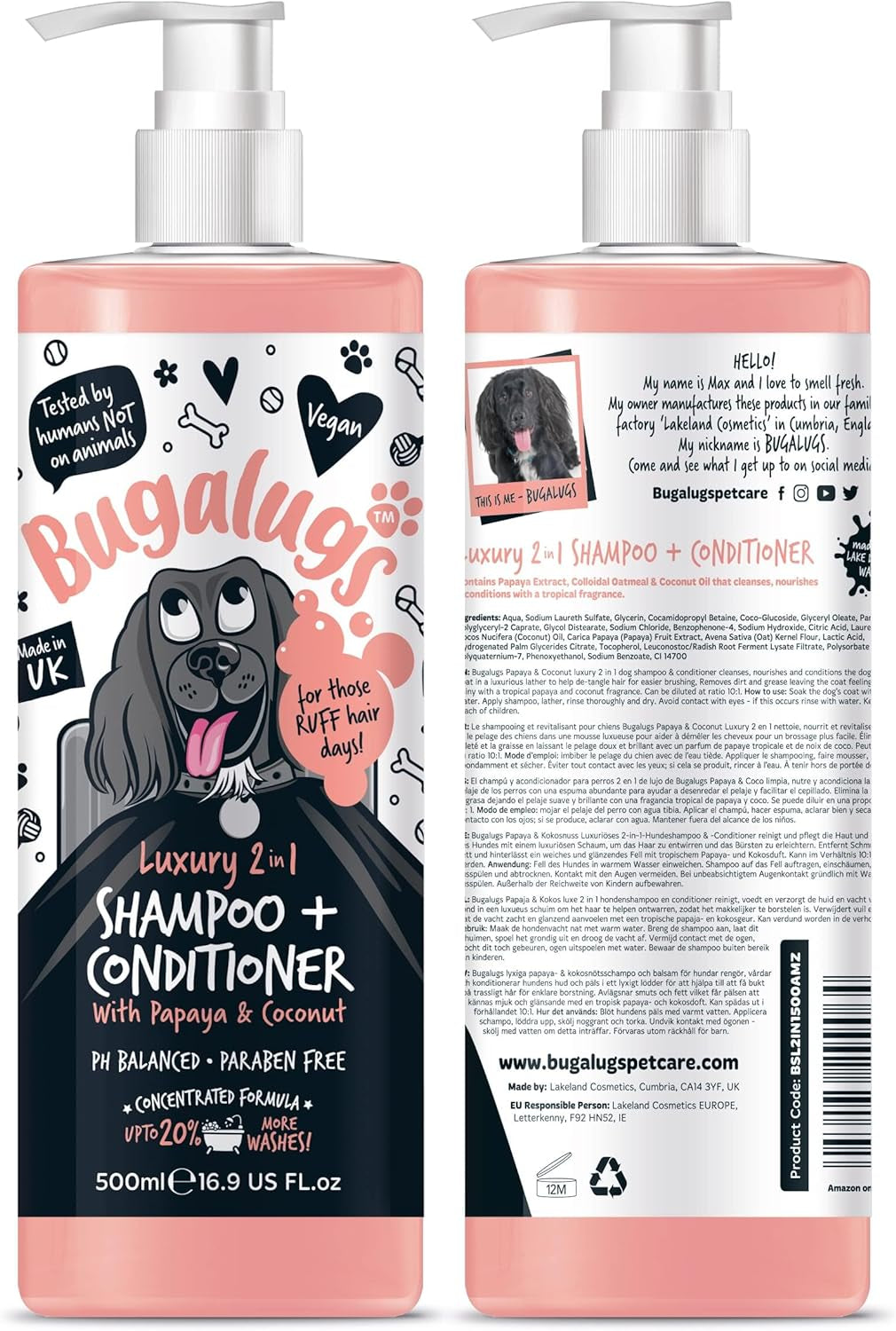 Bugalugs Dog Shampoo Luxury 2 in 1 Papaya & Coconut dog grooming shampoo: 500ml