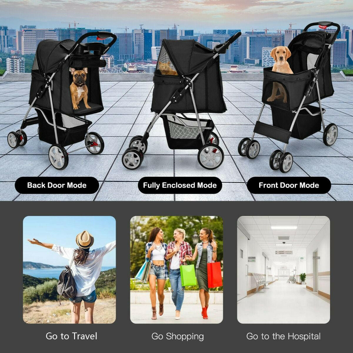 Folding Dog Stroller with Storage Basket, Adjustable Canopy, and 4-Wheel Design