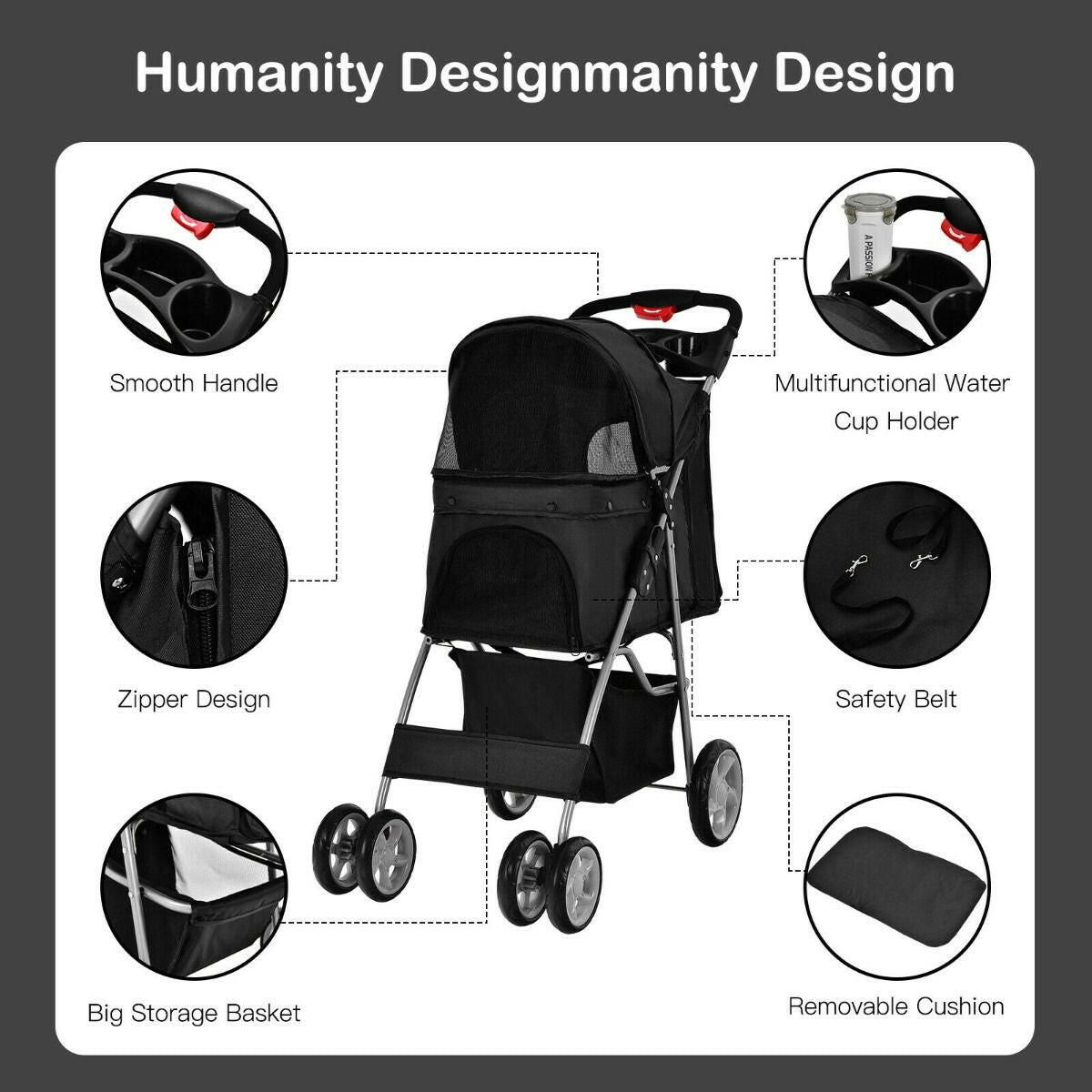 Folding Dog Stroller with Storage Basket, Adjustable Canopy, and 4-Wheel Design