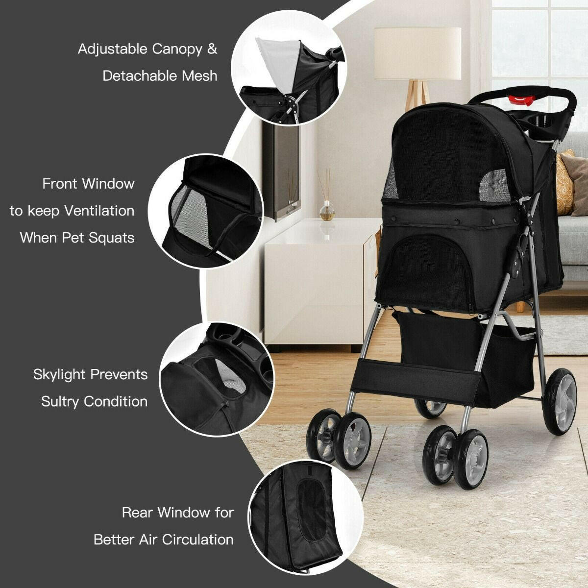 Folding Dog Stroller with Storage Basket, Adjustable Canopy, and 4-Wheel Design