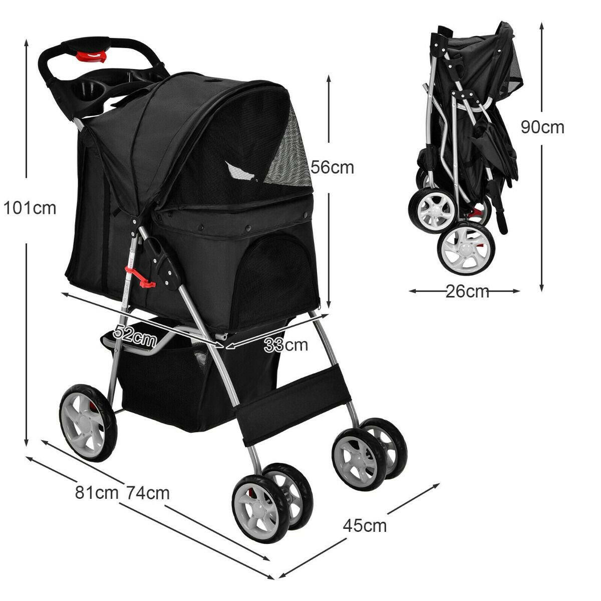 Folding Dog Stroller with Storage Basket, Adjustable Canopy, and 4-Wheel Design