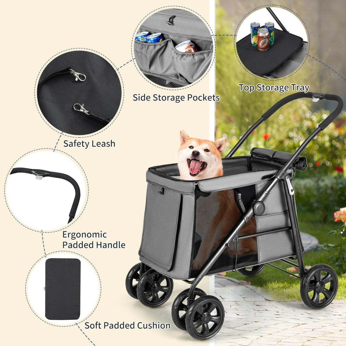 Foldable dog Stroller for Small to Medium dogs with Storage Pockets and Skylight