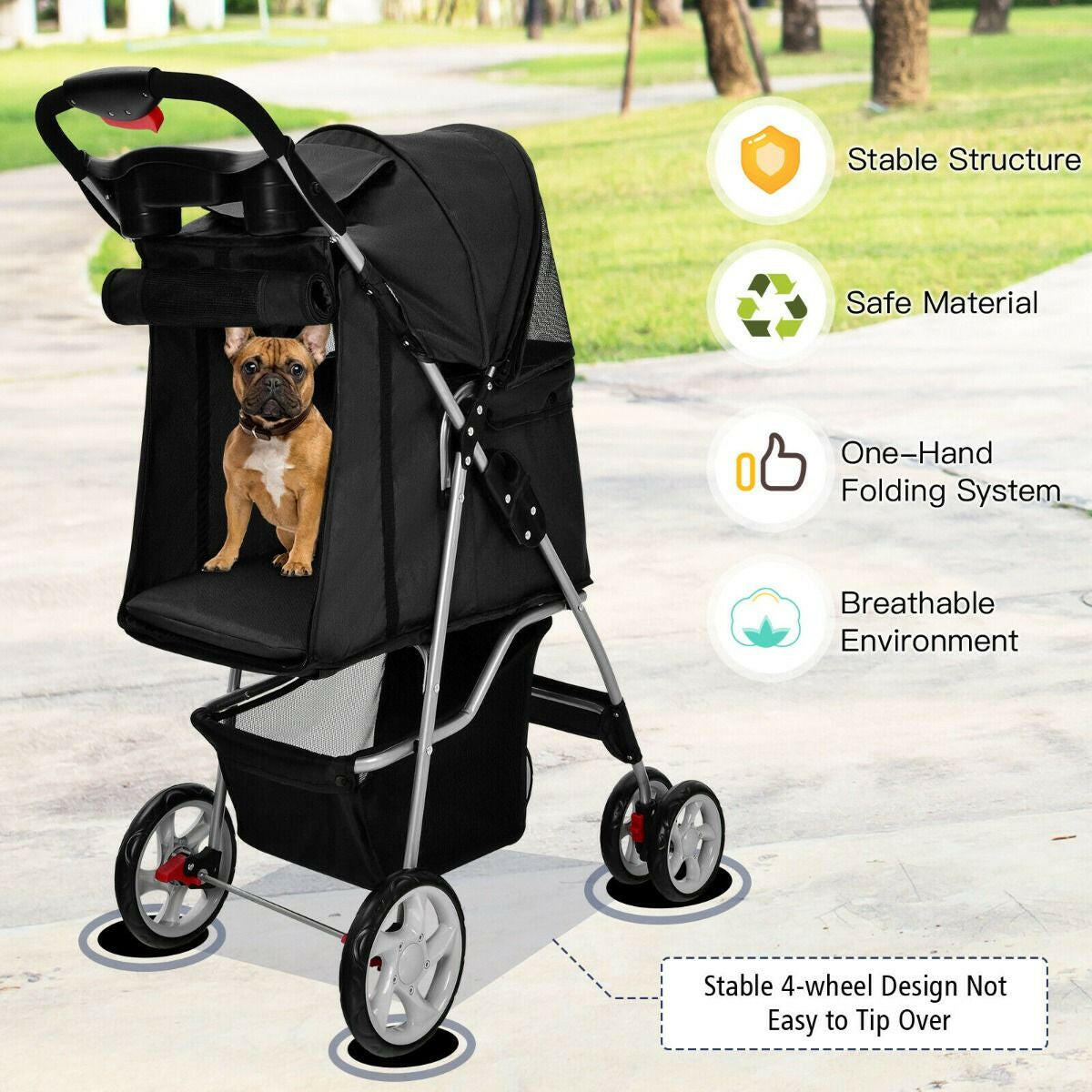 Folding Dog Stroller with Storage Basket, Adjustable Canopy, and 4-Wheel Design