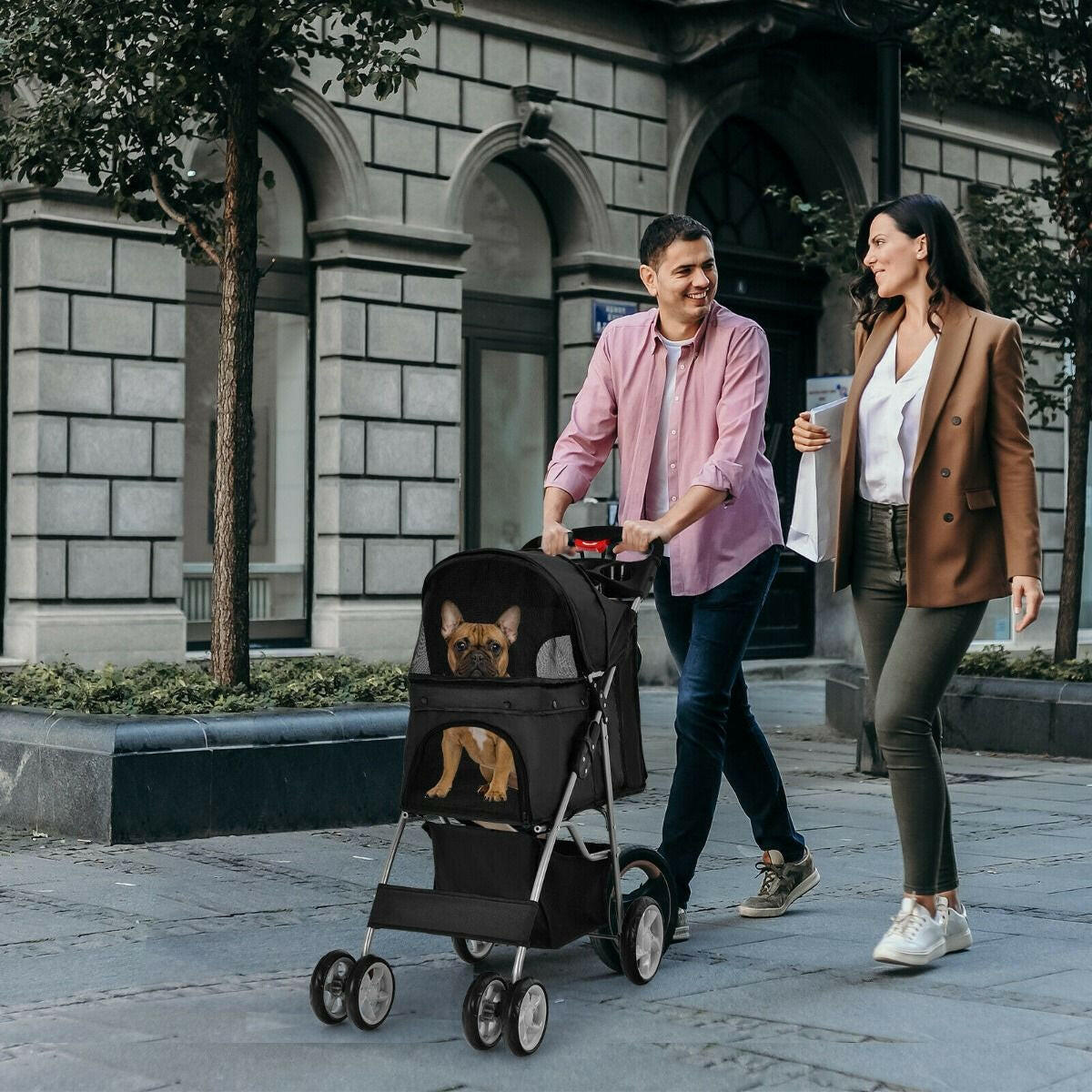 Folding Dog Stroller with Storage Basket, Adjustable Canopy, and 4-Wheel Design