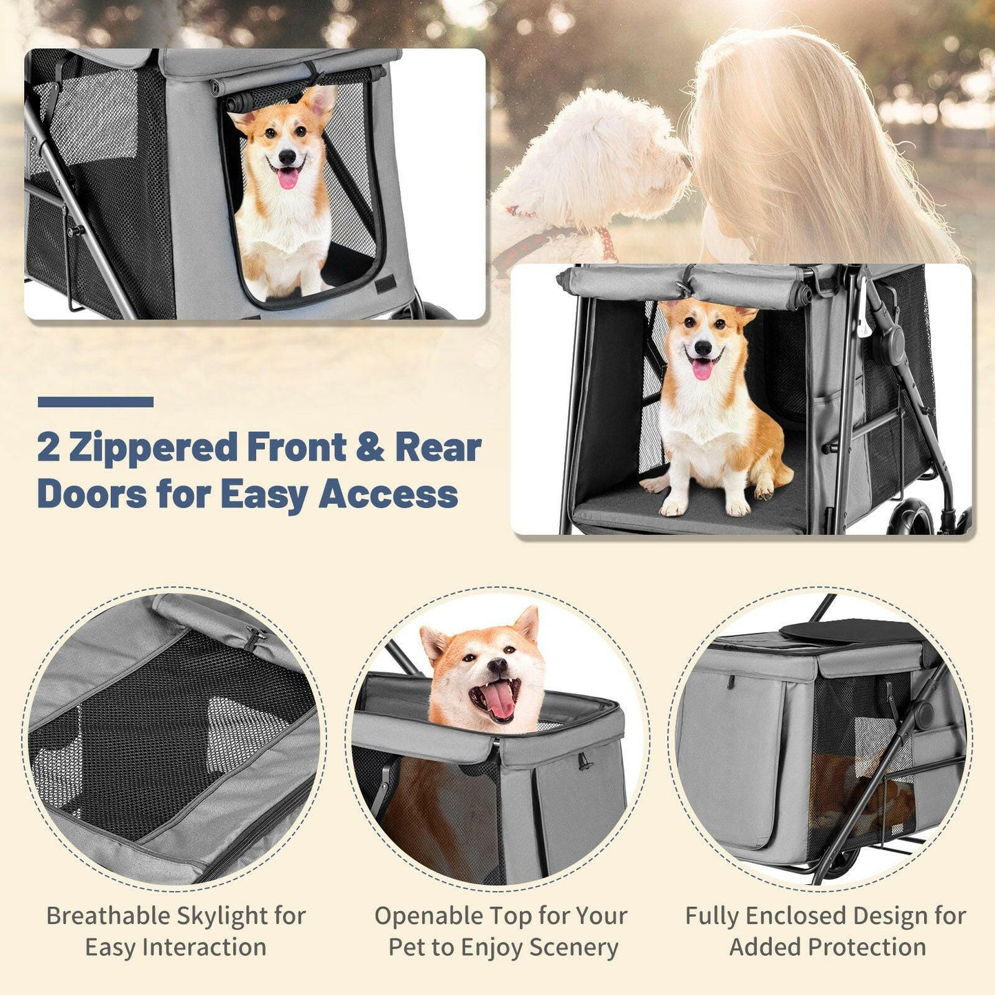 Foldable dog Stroller for Small to Medium dogs with Storage Pockets and Skylight