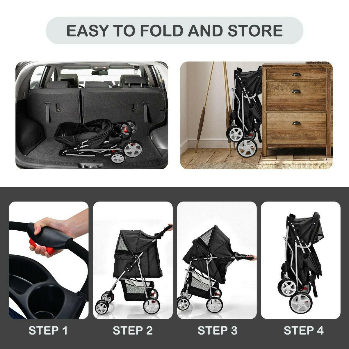 Folding Dog Stroller with Storage Basket, Adjustable Canopy, and 4-Wheel Design