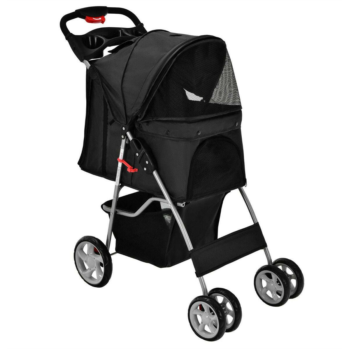 Folding Dog Stroller with Storage Basket, Adjustable Canopy, and 4-Wheel Design