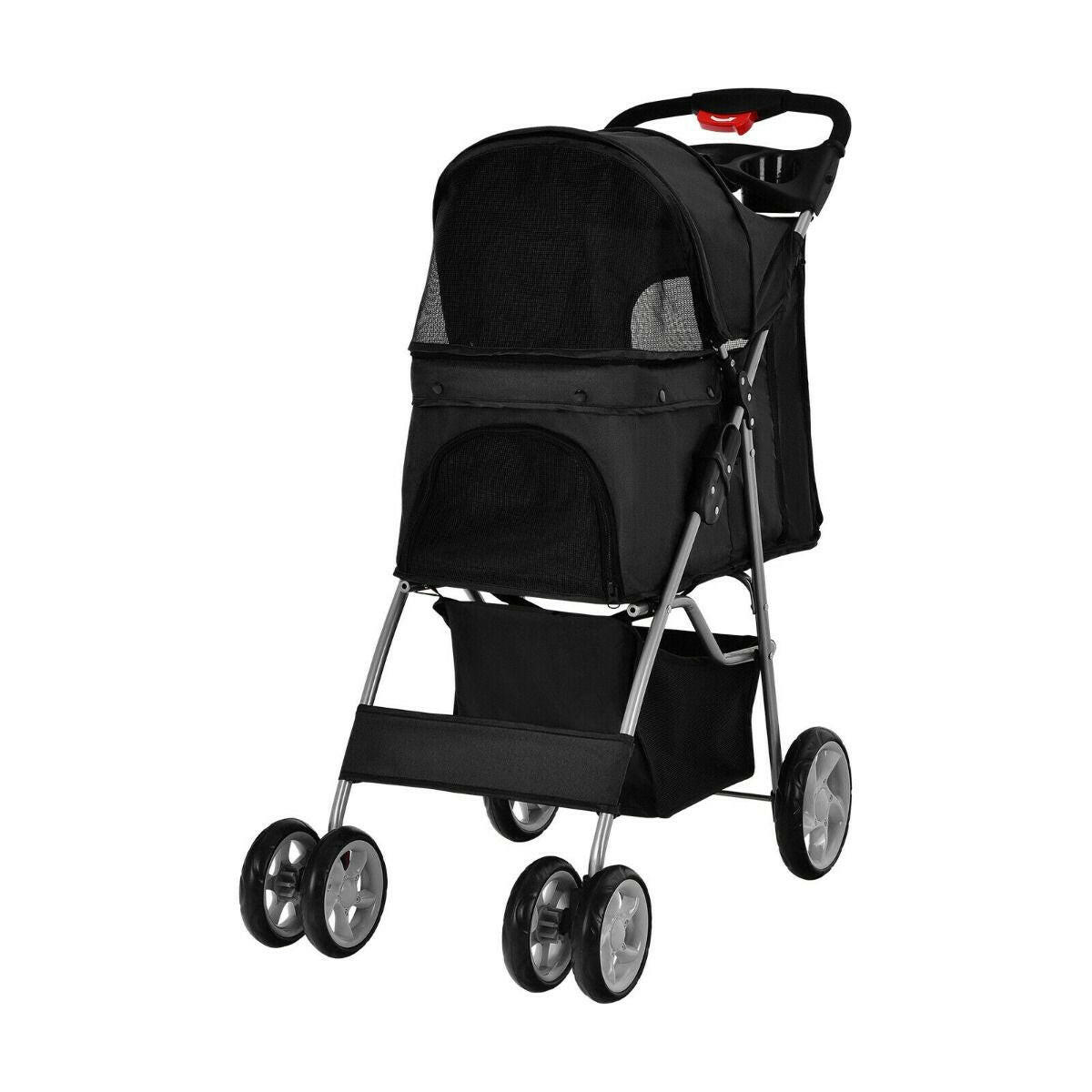 Folding Dog Stroller with Storage Basket, Adjustable Canopy, and 4-Wheel Design